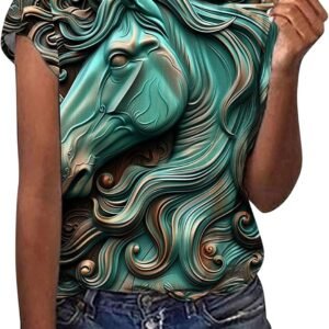 Casual Racehorse Style Shirts for Women Summer 3D Horse Printed Crew Neck T Shir...