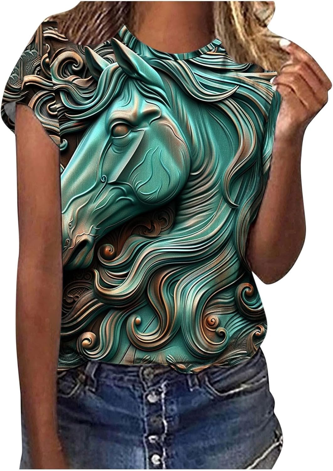 Casual Racehorse Style Shirts for Women Summer 3D Horse Printed Crew Neck T Shir...