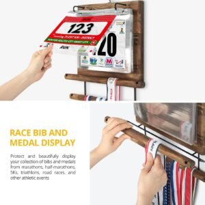 J JACKCUBE DESIGN Wood Marathon Medal and Race Bibs Display Hanger Holder Includ...