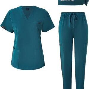 Scrubs for Women Set with Scrub Cap, V-Neck Stretchy Scrubs Tops and Jogger Pant...
