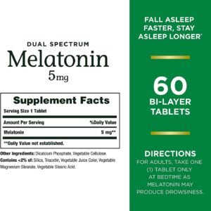 Nature's Bounty Melatonin 5mg Dual Spectrum, 100% Drug Free Sleep Supplement, Qu...