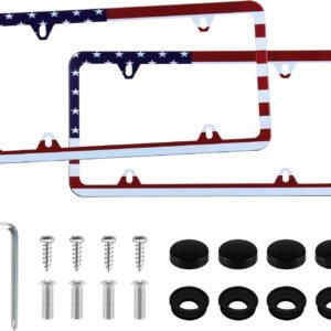 LivTee American Flag License Plate Frames, 4 Holes Stainless Steel License Plate...