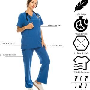 7-Pocket V-Neck Top Medical Scrubs Set for Woman - 4 Way Stretch, Comfort, Light...