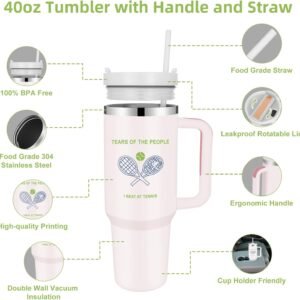 AETHER 40oz Tennis Tumblers with Straw & Handle, Tennis Player Themed Travel Mug...