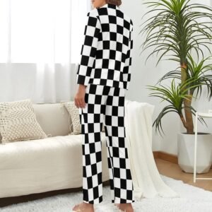 SEPTYK Black White Race Checkered Flag Pattern Womens Pajamas Set Button Lapel V...