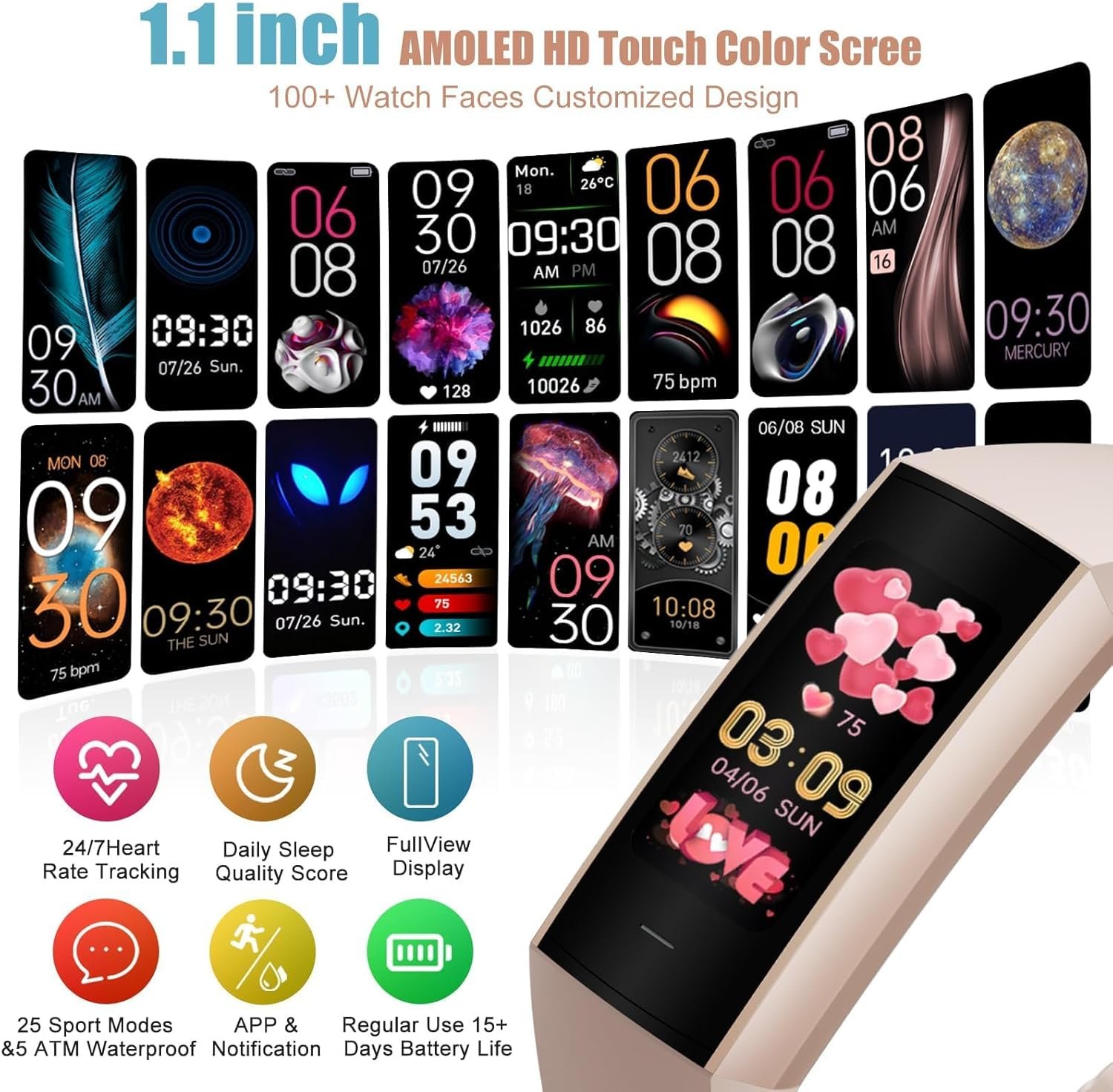 Fitness Tracker with 24/7 Heart Rate, Sleep Blood Oxygen Blood PressureTracking,...