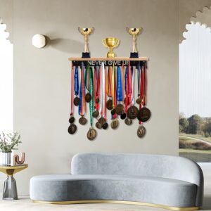 Defined Deco Medal Hanger Display and Trophy Shelf with 32 Hooks-Wooden Medal Ho...