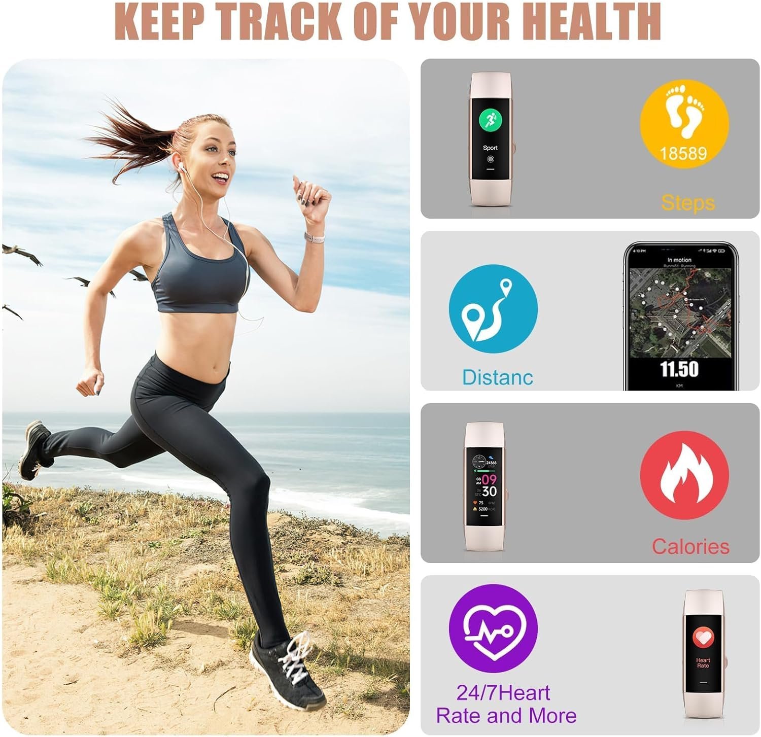Fitness Tracker with 24/7 Heart Rate, Sleep Blood Oxygen Blood PressureTracking,...