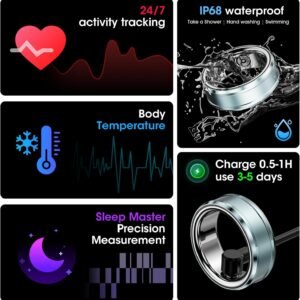 Smart Ring Bluetooth IP68 Waterproof Fitness Tracker, Health & Step Monitoring, ...