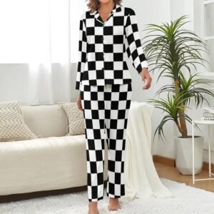 SEPTYK Black White Race Checkered Flag Pattern Womens Pajamas Set Button Lapel V...