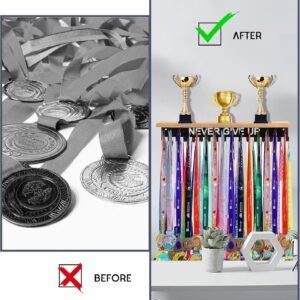 Defined Deco Medal Hanger Display and Trophy Shelf with 32 Hooks-Wooden Medal Ho...