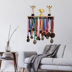 Defined Deco Medal Hanger Display and Trophy Shelf with 32 Hooks-Wooden Medal Ho...