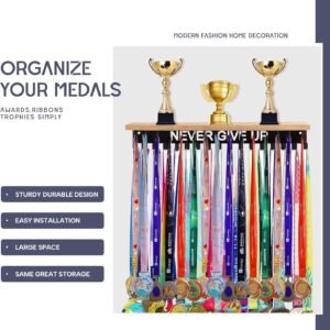 Defined Deco Medal Hanger Display and Trophy Shelf with 32 Hooks-Wooden Medal Ho...