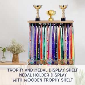 Defined Deco Medal Hanger Display and Trophy Shelf with 32 Hooks-Wooden Medal Ho...