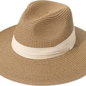 Lanzom Women Wide Brim Straw Panama Roll up Hat Fedora Beach Sun Hat UPF50+