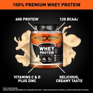 Body Fortress Super Advanced Whey Protein Powder, Vanilla, 60g Protein & 12g BCA...