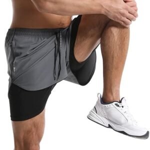 OEBLD Men’s Running Shorts 3 Inch Workout Gym 2-in-1 Pants Athletic Compression ...