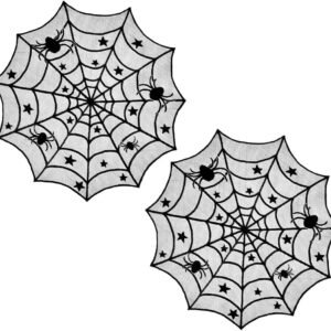 2PCS Halloween Decorations Tablecloth Runner Black Lace Round Spider Cobweb Tabl...