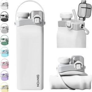 Collapsible Water Bottles, 20oz Silicone Reusable Water Bottle with Straw and St...