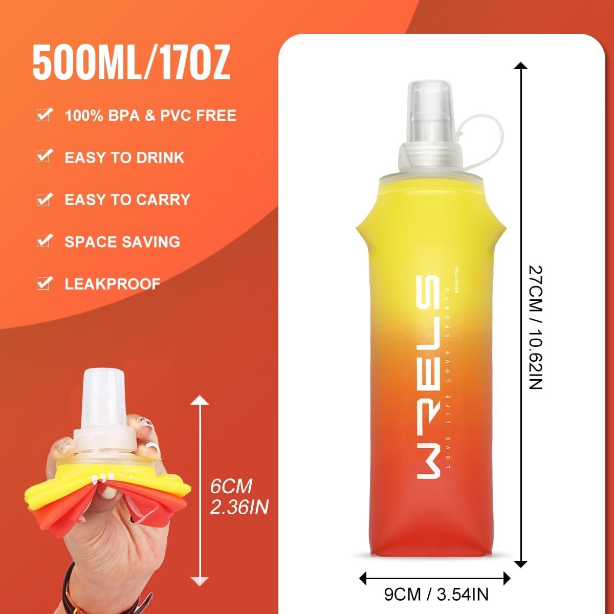 Collapsible TPU Soft Flask,Reusable Handheld Soft Water Bottle for Hydration Pac...