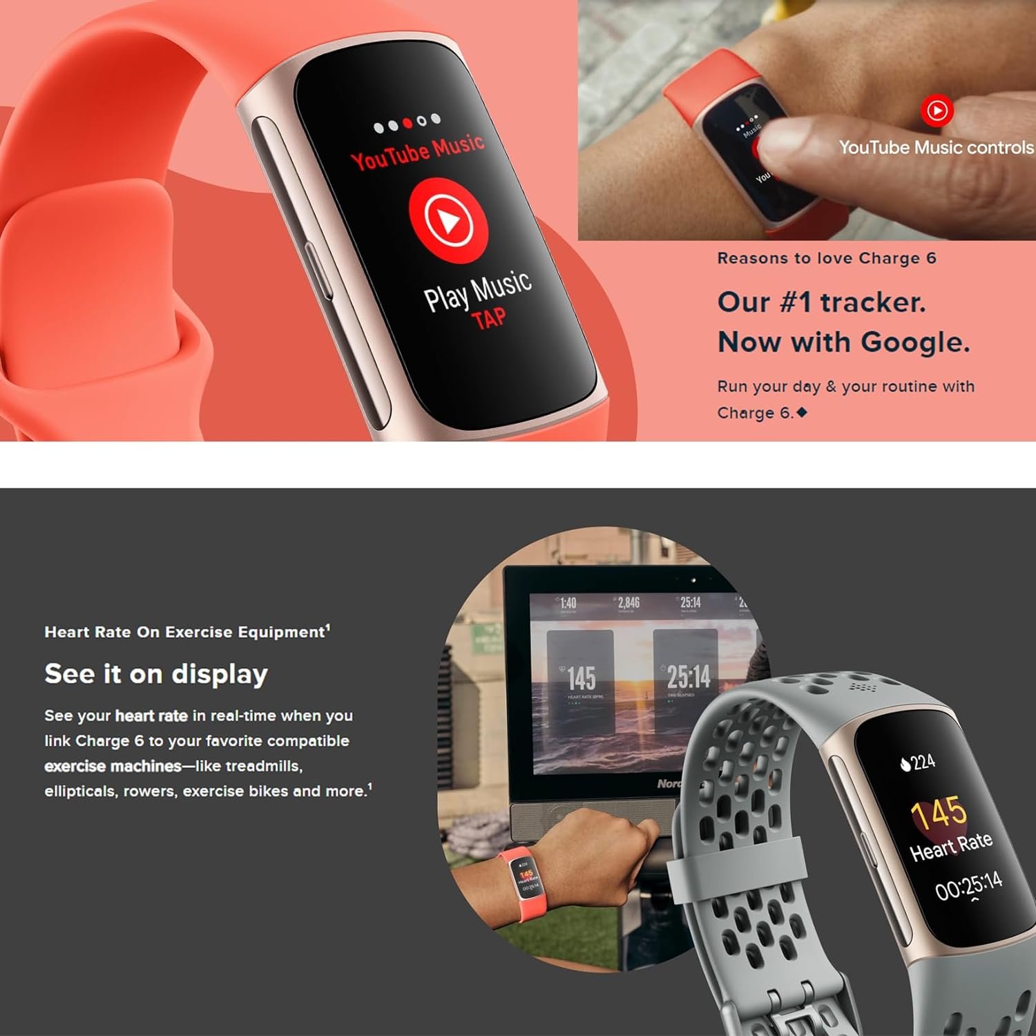 Fitbit Charge 6 Fitness Tracker Watch (Coral) Bundle with 2 Watch Bands, 3.3foot...