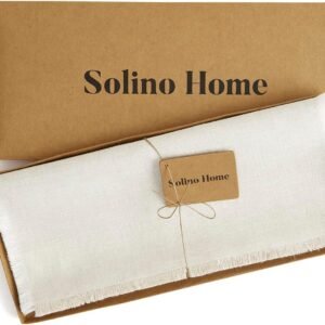 Solino Home Fringe Linen Table Runner 120 Inches Long – 100% Pure Linen Light Na...