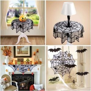 2PCS Halloween Decorations Tablecloth Runner Black Lace Round Spider Cobweb Tabl...