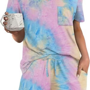 RUBZOOF Women's Short Sleeve Pajama Sets with Pockets Casual V Neck 2 Piece Loun...