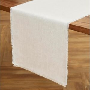 Solino Home Fringe Linen Table Runner 120 Inches Long – 100% Pure Linen Light Na...