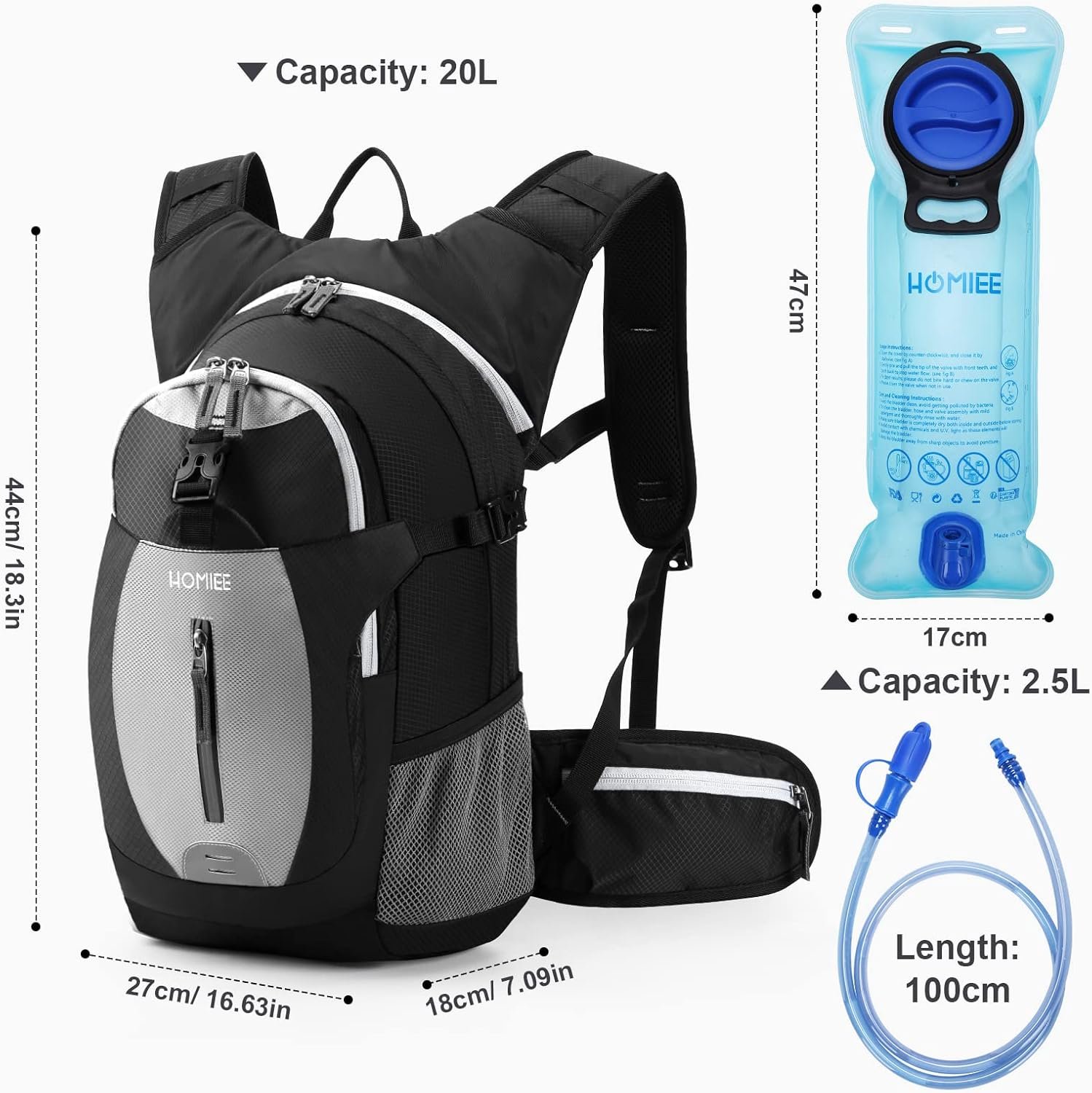 HOMIEE 20L Hydration Backpack 2.5L BPA Free Water Bladder Lightweight Hiking Day...