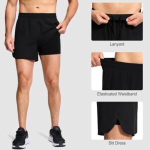 Mens Shorts 2Pack 5 Inch Inseam Athletic Drawstring Elastic Waist 2-in-1 with Li...