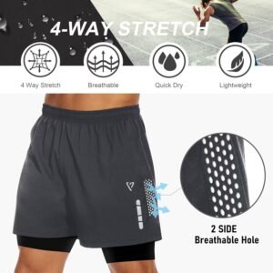 Men's 2 in1 Running Shorts 5''Quick Dry Mens Athletic Shorts Breathable Mesh Gym...