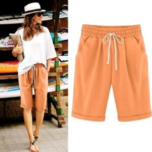 2024 Women's Shorts Casual Comfy Cotton Linen Shorts Drawstring Elastic Waist Be...