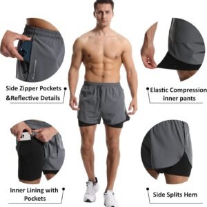 OEBLD Men’s Running Shorts 3 Inch Workout Gym 2-in-1 Pants Athletic Compression ...