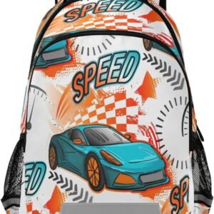 Dussdil Teal Orange Sports Race Car Kid's Backpack Backpacks for Boys Girls, 16 ...