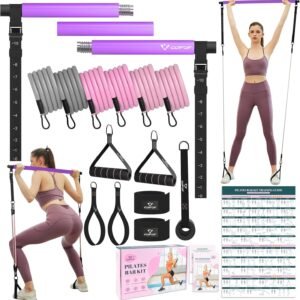 Pilates Bar Kit with Resistance Bands, Multifunctional Yoga Pilates Bar with Hea...