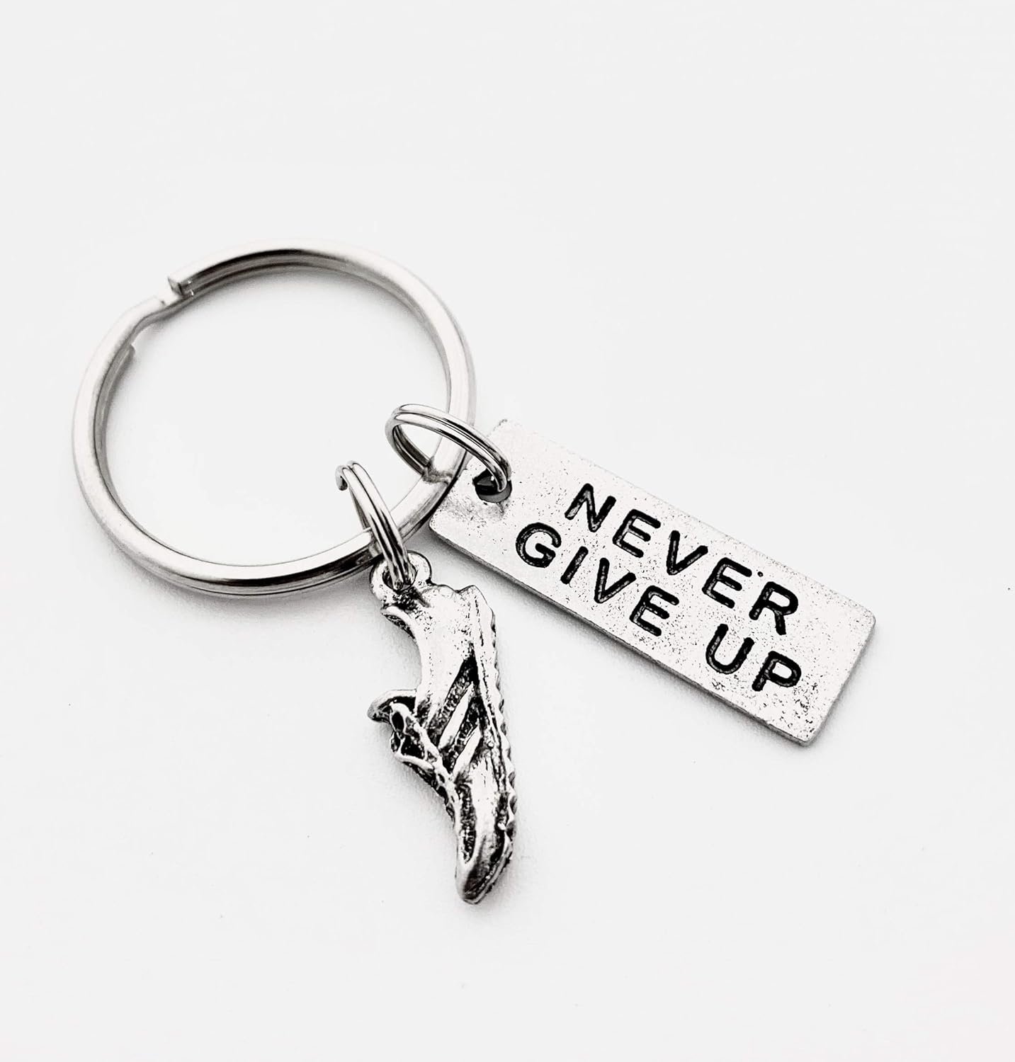 Pewter RUN and NEVER GIVE UP Key Chain/Bag Tag - Running Shoe Charm and Pewter P...