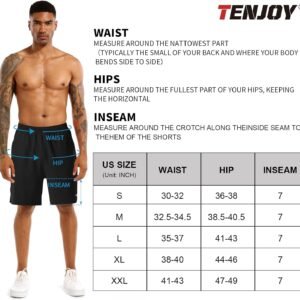 TENJOY Men's 2 in 1 Running Shorts 5 in or 7 in Quick Dry Gym Athletic Workout S...