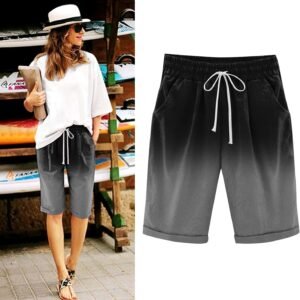 Kainawee Summer Linen Shorts for Women Elastic Waist Drawstring Bermuda Shorts 2...