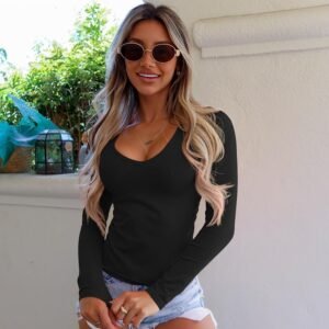 OQQ Womens 2 Piece Long Sleeve Shirts V Neck Ruched Stretch Sexy Basic Tops Fitt...