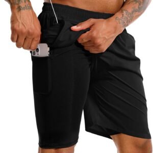 TENJOY Men's 2 in 1 Running Shorts 5 in or 7 in Quick Dry Gym Athletic Workout S...