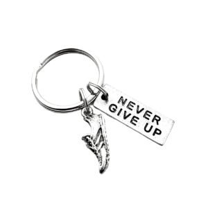 Pewter RUN and NEVER GIVE UP Key Chain/Bag Tag - Running Shoe Charm and Pewter P...