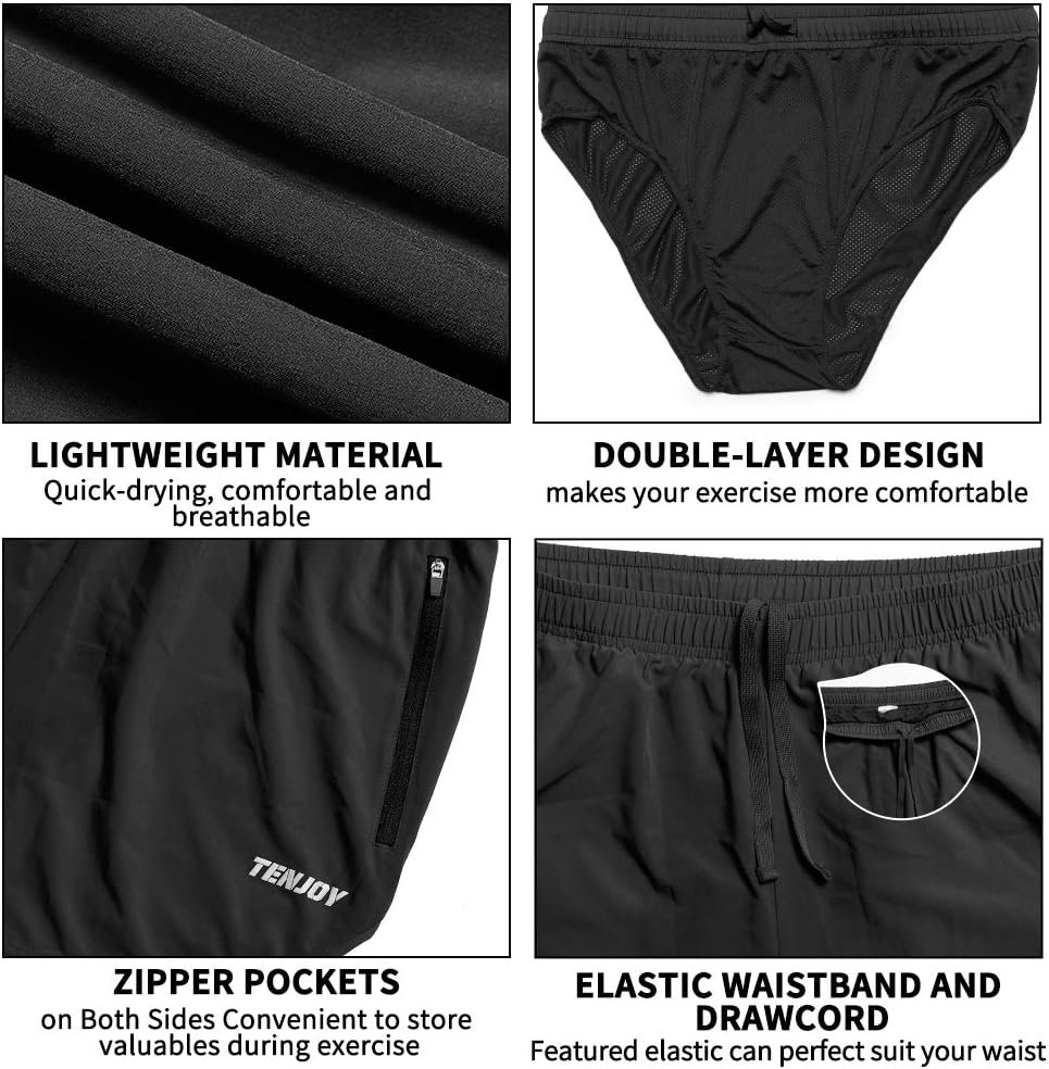 TENJOY Men's Running Shorts Gym Athletic Workout Shorts for Men 3 inch Sports Sh...