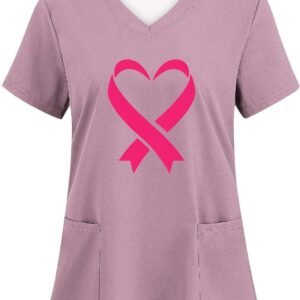 Womens Breast Cancer Awareness Scrub Tops Pink Ribbon Print Short Sleeve V-Neck ...