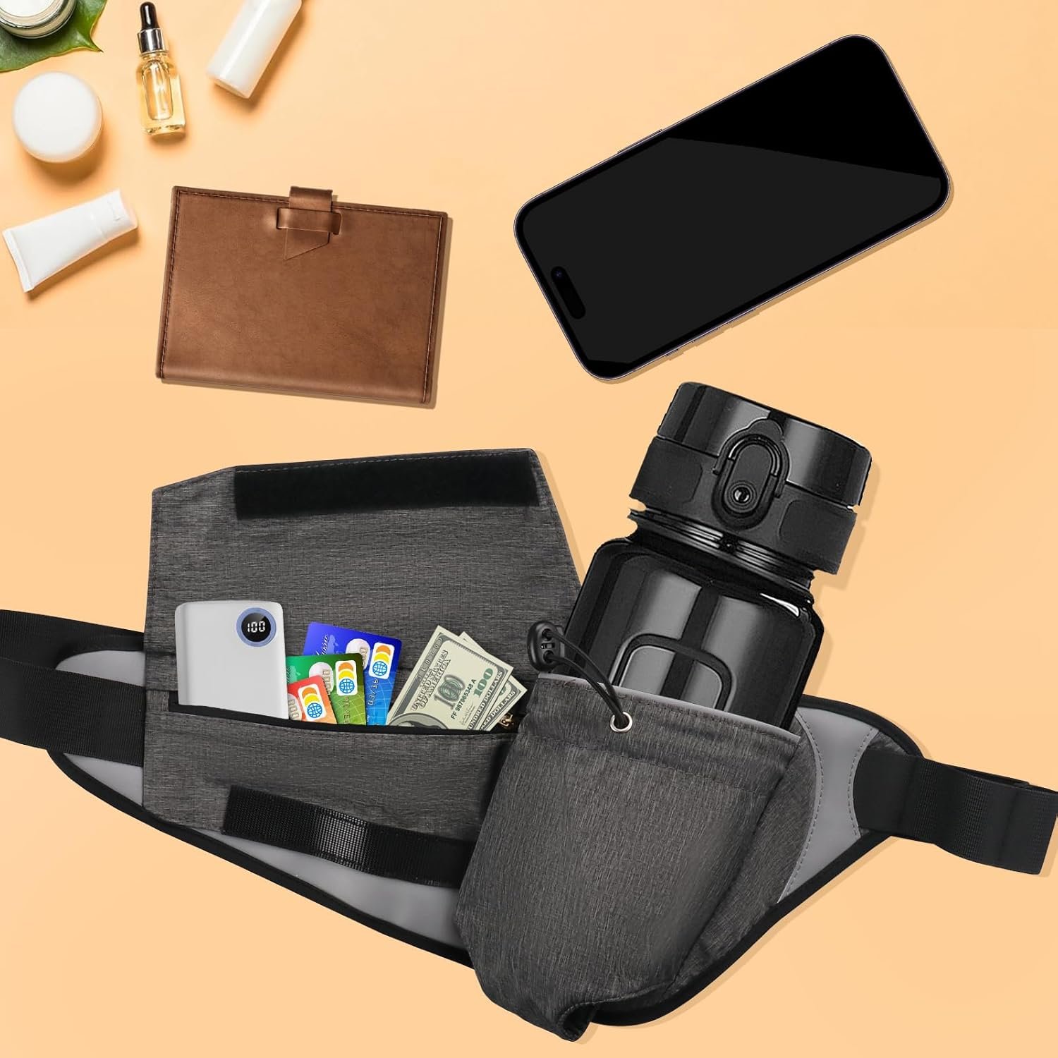 Running Belt with Water Bottle Holder Adjustable Waist Pack Running Hydration Be...