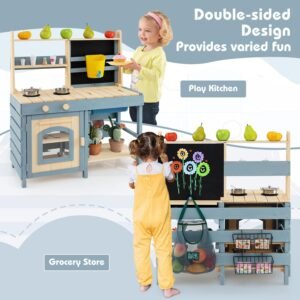 Costzon 2 in 1 Mud Kitchen, Double-sided Fir Wood Kids Kitchen Playset & Pretend...