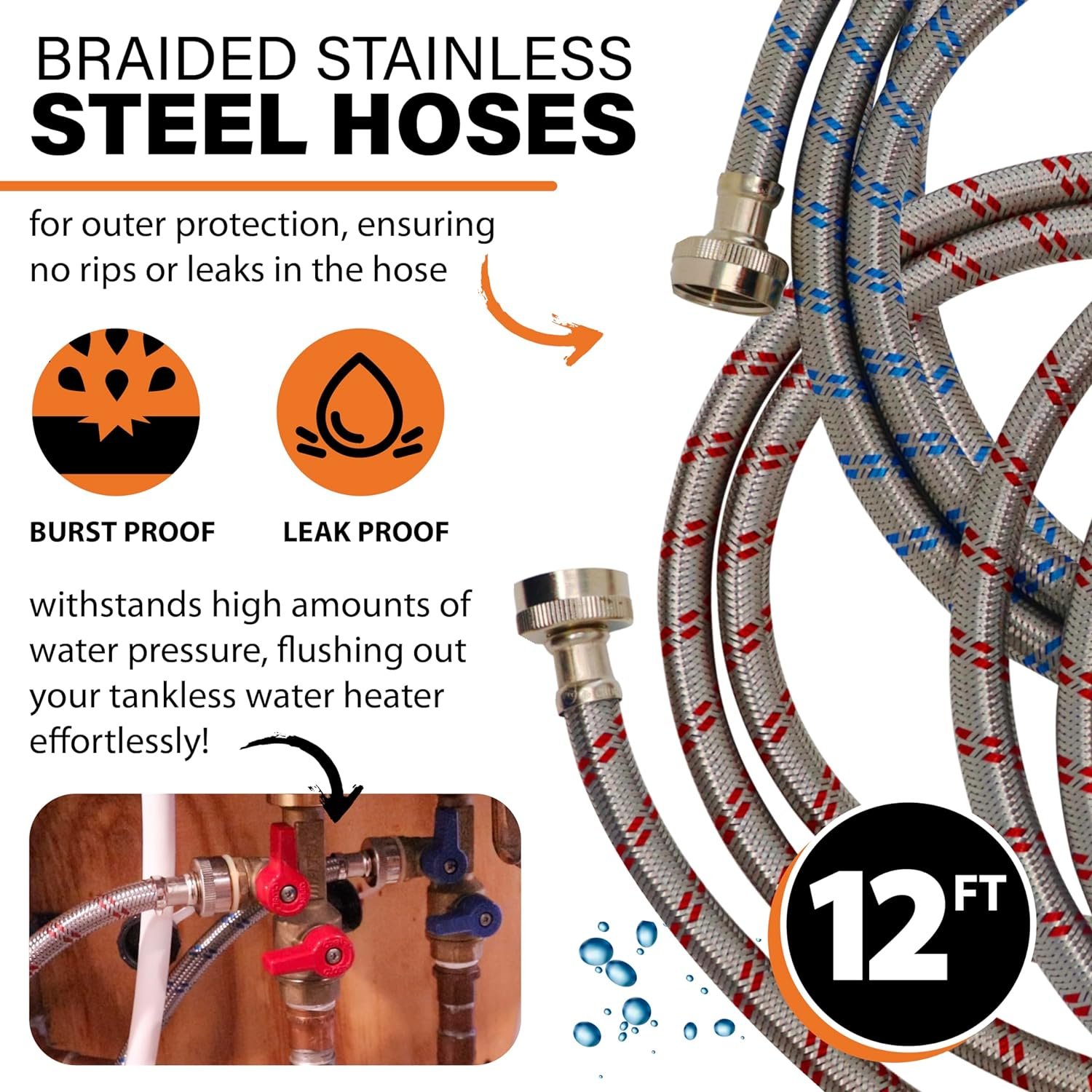 Chromex Tankless Water Heater Flush Kit, Extra Long 12 Ft Hoses with Certified L...