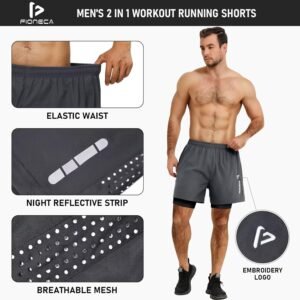 Men's 2 in1 Running Shorts 5''Quick Dry Mens Athletic Shorts Breathable Mesh Gym...