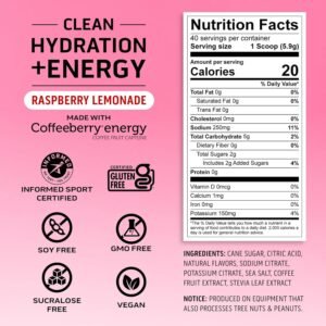 Ascent Clean Hydration + Energy Electrolytes Powder - 100mg Caffeine, 400mg Elec...