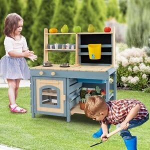 Costzon 2 in 1 Mud Kitchen, Double-sided Fir Wood Kids Kitchen Playset & Pretend...